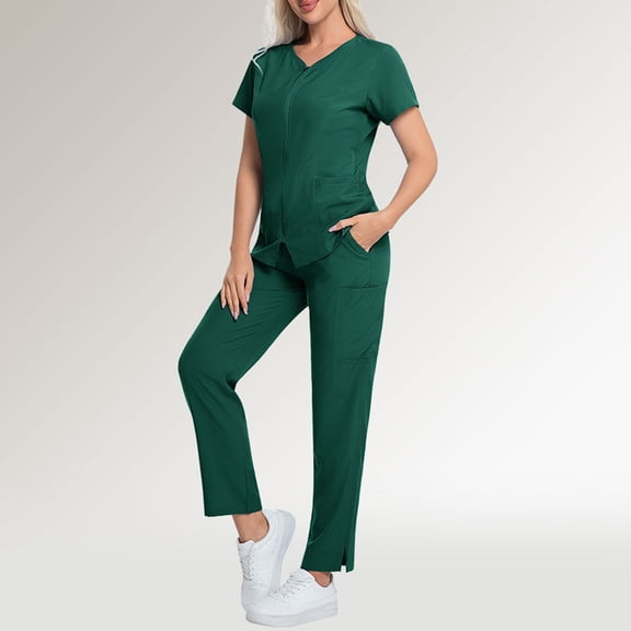 Fgvctg Jogger Scrubs for Women Plus Size Nursing Scrubs Stretchy V-Neck Scrub Pants and Tops Medical Uniforms Scrubs for Tall Women Dark Green L
