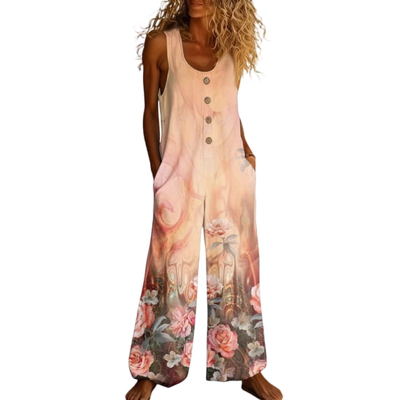 Fgvctg Jumpsuits for Women Overalls Sleeveless One Piece Spaghetti Straps Overall Fashion Wide Leg Pant Tropical Print Bib Overalls Rompers Summer Beach Vacation Pants With Pockets Yellow S