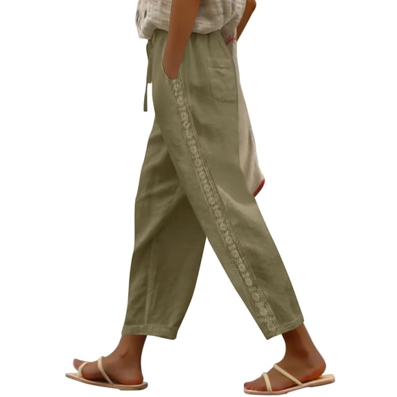 Fgvctg Linen Pants for Women Flowy Wide Leg Cotton Linen Pant Casual Summer Beach Long Trousers Loose Elastic Waist Palazzo Drawstring Trouser Lounge Clothes with Pockets Army Green L