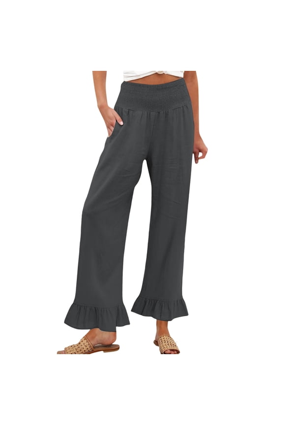 Linen Pants Women Flowy Wide Leg Cotton Linen Pants Boho 2026 Spring Summer Beach Long Trousers Oversized Elastic Waist Palazzo Trouser Lounge Clothes with Pockets Gray 2XL