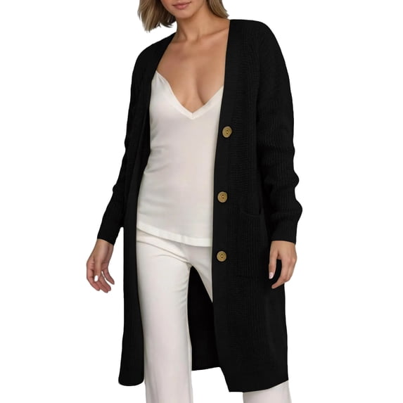 Fgvctg Long Cardigan Sweaters for Women Long Sleeve Open Front Cable Knit Cardigans Sweater Warm Button Down Plus Size Sweaters Coat with Pockets Black L