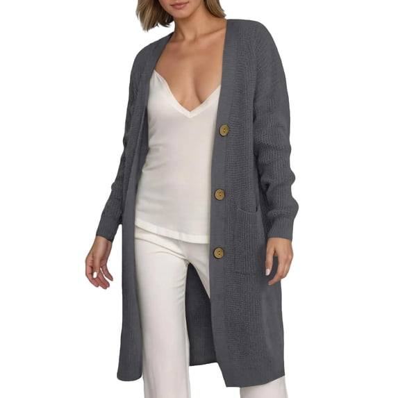 Fgvctg Long Chunky Cardigan Sweaters for Women Long Sleeve Open Front Cable Knited Cardigans Sweater Fashion Button Down Lightweight Sweaters Coats with Pockets Dark Gray S