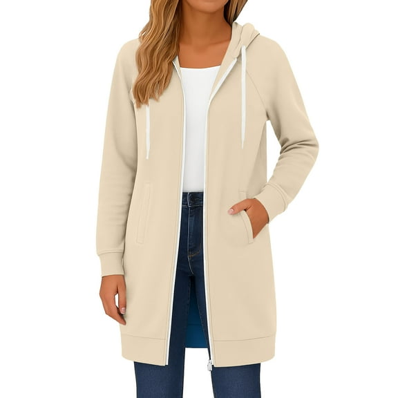 Fgvctg Womens Zip Up Essentials Hoodie Long Sleeve Long Tunic Sweatshirts Oversized Fleece Casual Winter Drawstring Jackets with Pockets Beige M