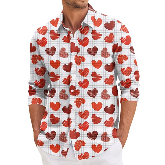 Fgvctg Long Sleeve Button Down Shirts for Men V Neck Shirt Collared Dressy Blouse Date Day Love Heart Print Plus Size Business Casual Tops Beige M