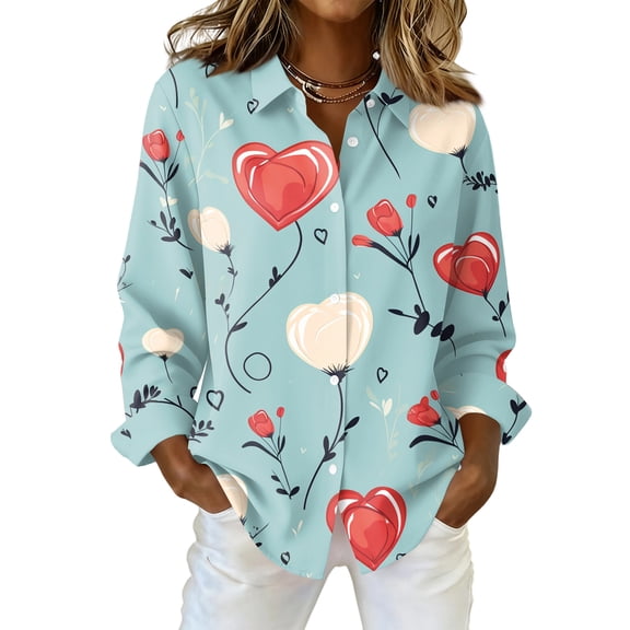 Fgvctg Long Sleeve Button Down Shirts for Women V Neck Blouse Trendy Date Day Love Heart Print Shirts Plus Size Collared Business Casual Outfits Sky Blue 2XL