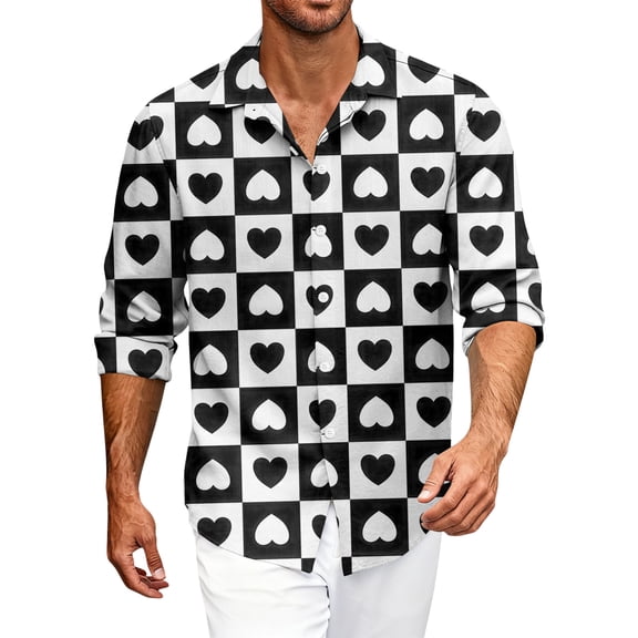 Fgvctg Long Sleeve Shirts for Men Cotton Button Down Blouses Romantic Date Day Love Heart Print Shirts Plus Size Collared Business Casual Outfits Light pink 4XL