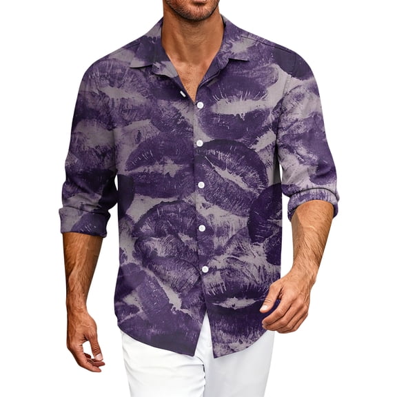 Fgvctg Long Sleeve Shirts for Men V Neck Button Down Blouse Collared Oversized Date Day Love Heart Print Shirts Dressy Business Casual Outfits Dark Purple M