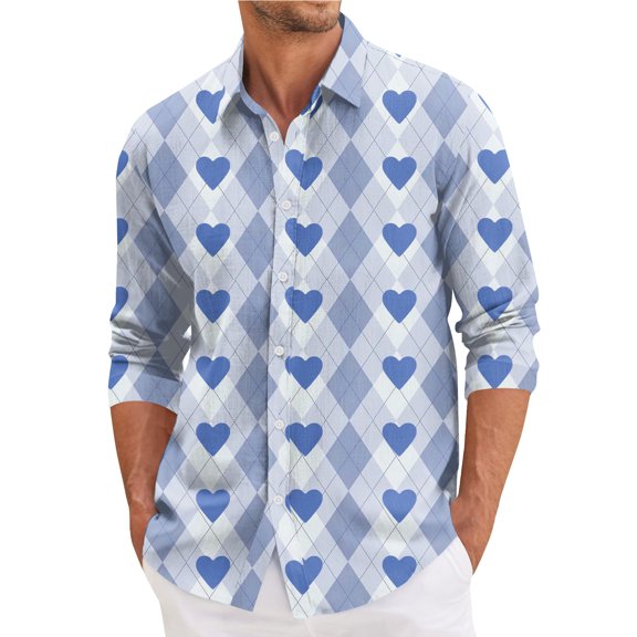 Fgvctg Long Sleeve Shirts for Men V Neck Button Down Blouse Fashion Date Day Love Heart Print Shirt Oversized Collared Business Casual Outfits Royal Blue 3XL
