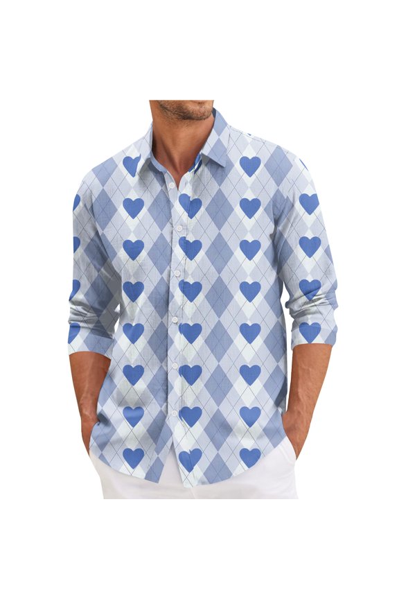 Long Sleeve Shirts for Men V Neck Button Down Blouse Fashion Date Day Love Heart Print Shirt Oversized Collared Business Casual Outfits Royal Blue 3XL