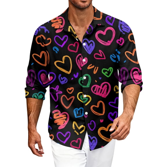 Fgvctg Long Sleeve Shirts for Men V Neck Button Down Shirt Trendy Collared Blouses Date Day Love Heart Print Plus Size Business Casual Outfits Purple L