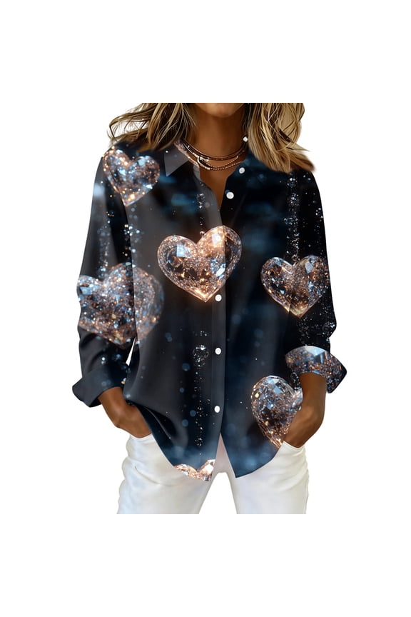 Long Sleeve Shirts for Women Cotton Button Down Blouse Trendy Date Day Love Heart Print Shirt Oversized Collared Business Casual Outfits Navy S