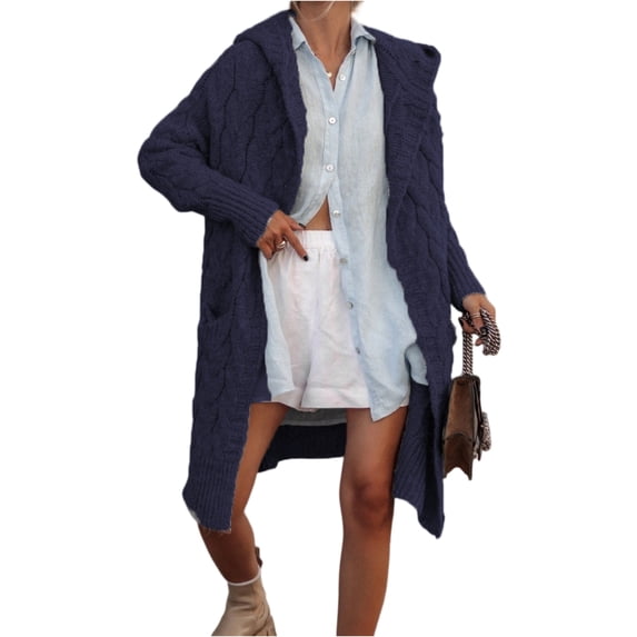 Fgvctg Long Sweaters Cardigans for Women Long Sleeve Open Front Cardigans Cable Knited Sweater Button Down Trendy Oversized Hooded Sweaters Coat with Pockets Navy 2XL