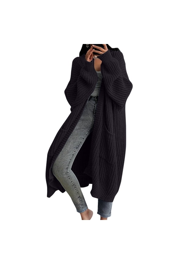 Long Sweaters for Women Open Front Long Sleeve Cable Knited Cardigans Sweater Warm Plus Size Sweaters Coats with Pockets Black L