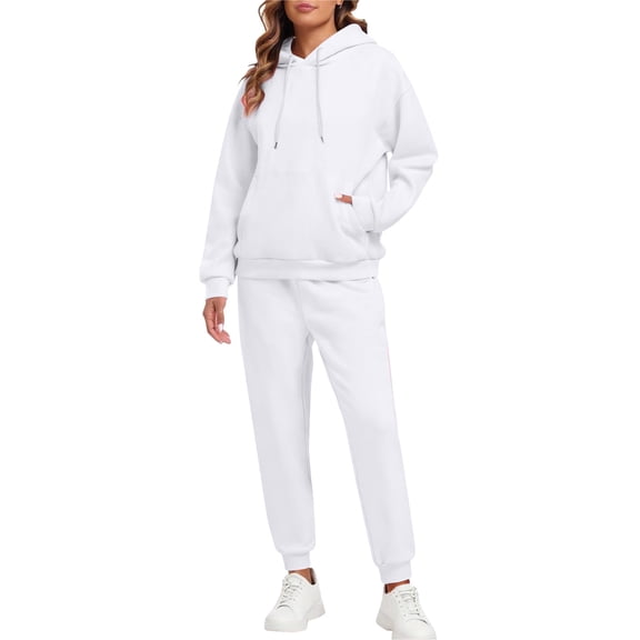 Fgvctg Lounge Sets for Women 2 Piece Spring Lounge Hoodie Casual Fleece Sweatsuit Plus Size Jogger Sweatpant Oversized Sweatshirt Tracksuits with Pockets White S