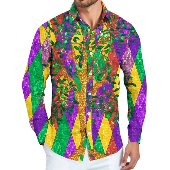 Fgvctg Mardi Gras Button Up Shirt Men Carnival Party Long Sleeve Cotton Button Down Shirts Casual Mask Print Collared Blouse Oversized Business Casual Tops Saffron L