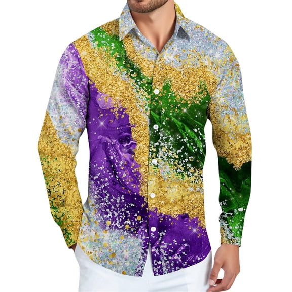 Fgvctg Mardi Gras Button Down Shirt for Men Carnival Party Long Sleeve Cotton Shirt Casual Mask Print Collared Blouse Oversized Business Casual Tops Gold L