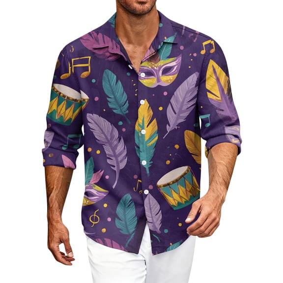 Fgvctg Mardi Gras Button Up Shirt Men Carnival Party Long Sleeve V Neck Button Down Blouses Collared Oversized Mask Print Shirts Trendy Business Casual Outfits Purple 3XL