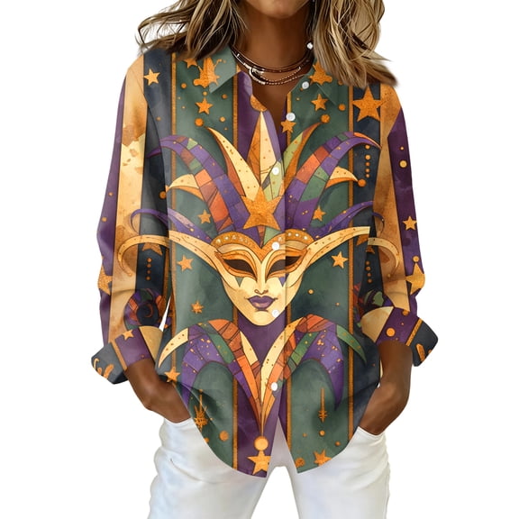 Fgvctg Mardi Gras Button Up Shirt Women Carnival Party Long Sleeve Cotton Button Down Shirt Soft Mask Print Collared Blouses Oversized Business Casual Tops Gold S