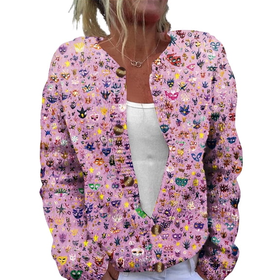 Fgvctg Mardi Gras Cardigan Sweaters for Women Aesthetic Carnival Open Front Cute Sweater Casual Long Sleeve Coats Mask Graphic Cardigans Spring Button Down Sweaters Plus Size Outfits Orange 4XL