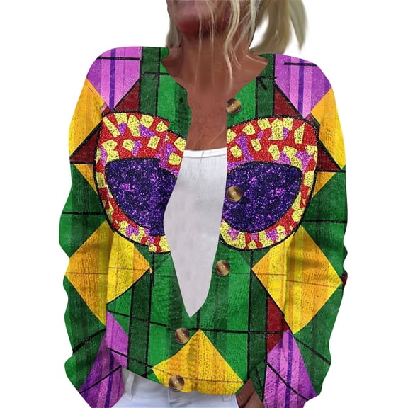 Fgvctg Mardi Gras Cardigan Sweaters for Women Cozy Carnival Party Open Front Cute Sweaters Casual Long Sleeve Coats Mask Print Cardigan Spring fall Button Down Sweater Chunky Outfit Green S