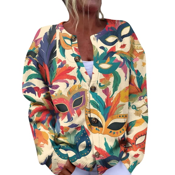 Fgvctg Mardi Gras Cardigan Sweaters for Women Cute Carnival Party Open Front Sweater Casual Long Sleeve Coat Mask Graphic Cardigans Spring fall Button Down Sweaters Lightweight Outfits Beige 2XL