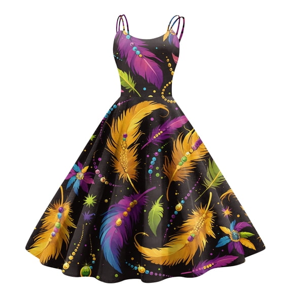 Fgvctg Mardi Gras Dress Party for Women Carnival Crewneck Cocktail Dress Glitter Mask Print Casual 1950s Dresses Vintage Sleeveless Classy Parade Clothing Saffron 2XL