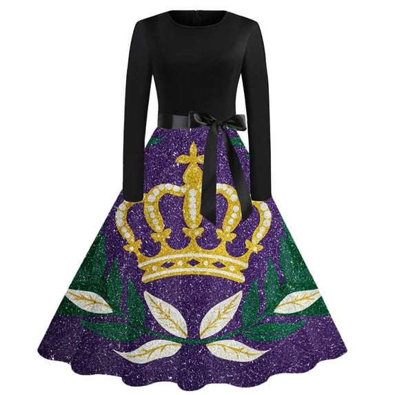 Fgvctg Mardi Gras Dress Party for Women Carnival Crewneck Cocktail Dress Glitter Mask Print Fashion 50s Tea Dress Flowy Long Sleeve Oversized Parade Clothes Gold S