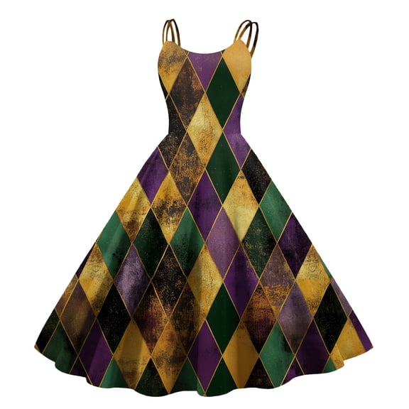 Fgvctg Mardi Gras Dress Party for Women Carnival Crewneck Cocktail Dress Glitter Mask Print Fit Dress 1950s Flowy Sleeveless Plus Size Parade Clothes Ginger M