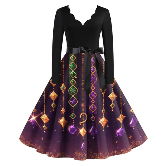 Fgvctg Mardi Gras Dress Party for Women Carnival V Neck Cocktail Dress Glitter Mask Print Casual 1950s Dresses Flowy Long Sleeve A-Line Parade Clothing Red 2XL