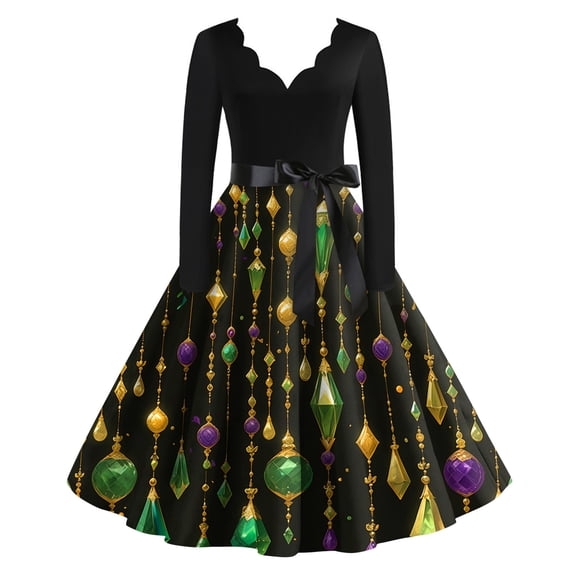 Fgvctg Mardi Gras Dress Party for Women Carnival V Neck Cocktail Dress Glitter Mask Print Fit 1950s Tea Dress Flowy Long Sleeve Plus Size Parade Clothes Watermelon Red 2XL