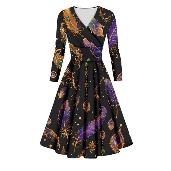 Fgvctg Mardi Gras Dress Party for Women Carnival V Neck Cocktail Dress Glitter Mask Print Fit 1950s Tea Dress Parade Long Sleeve Vintage Clothes Dark Gray 3XL