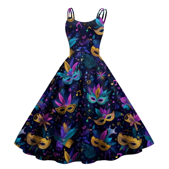 Fgvctg Mardi Gras Dress Party for Women Cute Sleeveless Cocktail Dress Classy Parade 1950s Tea Dress Carnival Glitter Mask Print Outfit Vintage Crewneck Clothing Dark Blue 2XL