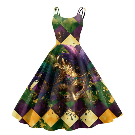 Fgvctg Mardi Gras Dress Party for Women Cute Sleeveless Cocktail Dresses Classy Prom 1950s Tea Dress Carnival Parade Glitter Mask Print Outfits Vintage Crewneck Clothes Dark Purple L