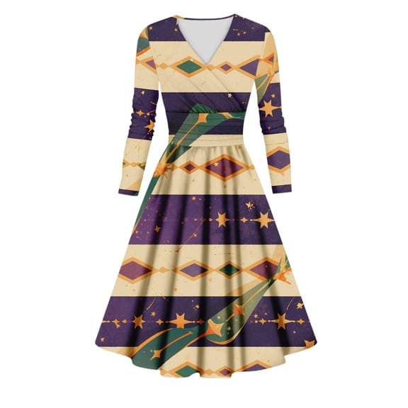 Fgvctg Mardi Gras Dress Party for Women Fit Long Sleeve Cocktail Dress Plus Size Retro 50's Midi Dress Carnival Parade Glitter Mask Print Outfits Flowy V Neck Clothing Dark Gray S