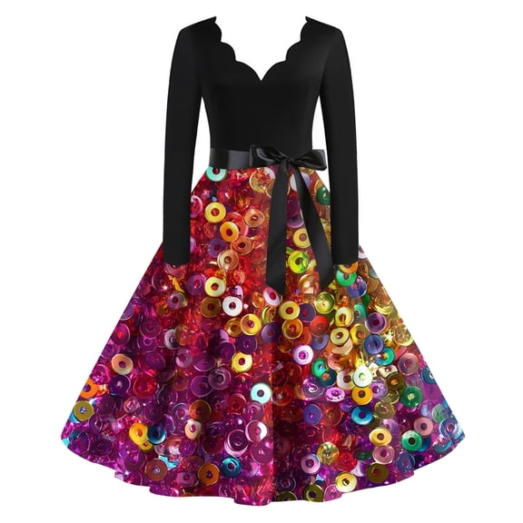 Fgvctg Mardi Gras Dress Party for Women Funny Long Sleeve Cocktail Dress Vintage Parade Dress 1950s Carnival Glitter Mask Print Outfit Flowy V Neck Clothing Sky Blue 2XL