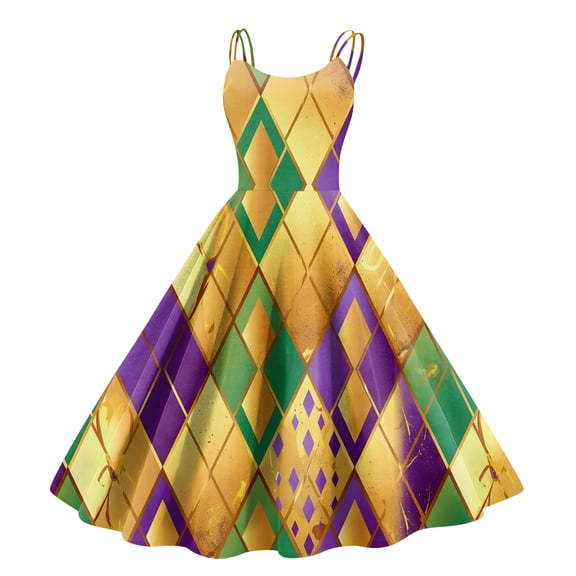 Fgvctg Mardi Gras Dress Party for Women Glitter Mask Print Cocktail Dress Lightweight Crewneck Dress 1950s Sleeveless Parade Carnival Flowy Clothes Gold S