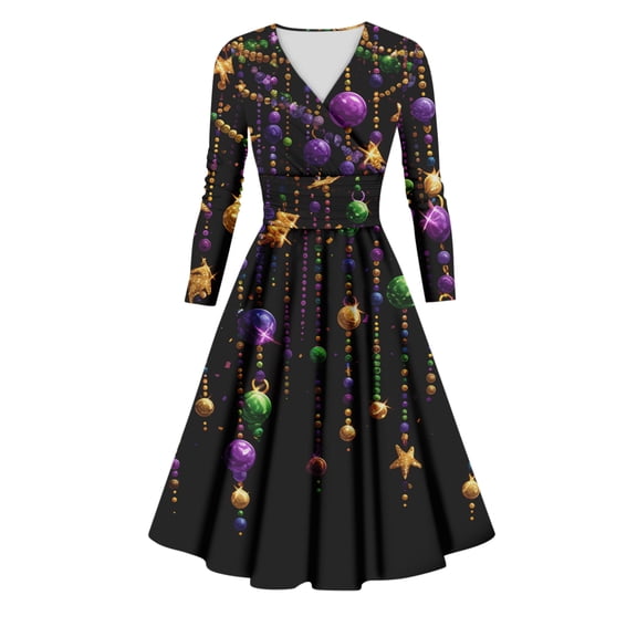 Fgvctg Mardi Gras Dress Party for Women Glitter Mask Print Cocktail Dress Plus Size V Neck 50s Tea Dress Long Sleeve Parade Carnival Vintage Clothes Black 2XL