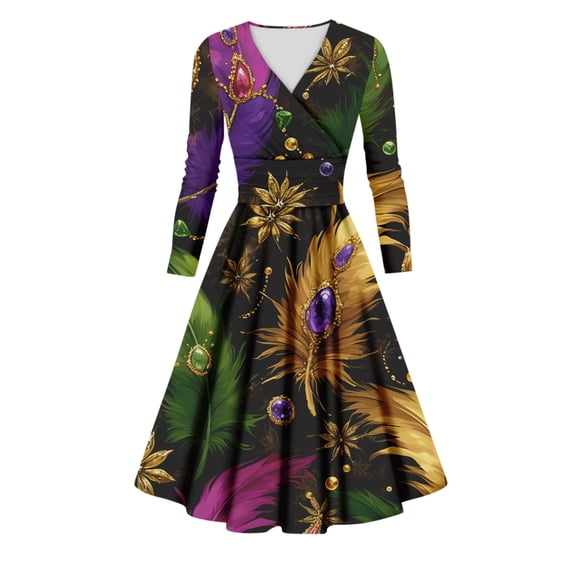 Fgvctg Mardi Gras Dress Party for Women Glitter Mask Print Cocktail Dresses Oversized V Neck Dress 1950s Long Sleeve Parade Carnival Vintage Clothing Dark Green L