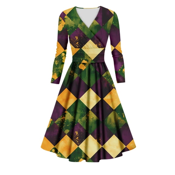 Fgvctg Mardi Gras Dress Party for Women Prom Cocktail 50's Midi Dress Glitter Mask Print V Neck Dress Elegant Flowy Carnival Parade Long Sleeve Clothes Trendy Outfit Light Green 4XL