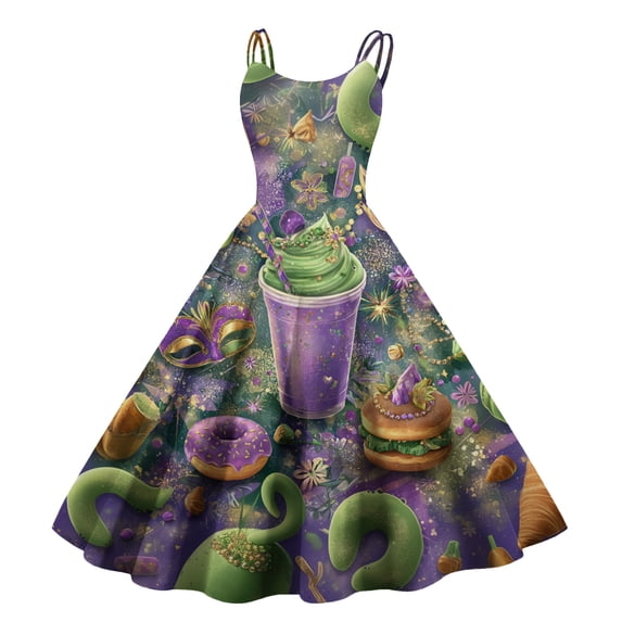 Fgvctg Mardi Gras Dress Party for Women Retro Cocktail 50s Tea Dress Glitter Mask Print Crewneck Dresses Plus Size Flowy Carnival Parade Sleeveless Clothes Casual Outfit Light Purple L