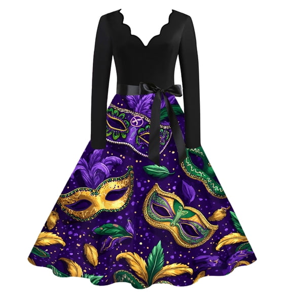 Fgvctg Mardi Gras Dress for Women Carnival V Neck Cocktail Dresses Glitter Mask Print Fit 50's Midi Dress Vintage Long Sleeve Lightweight Parade Party Clothes Dark Purple 2XL