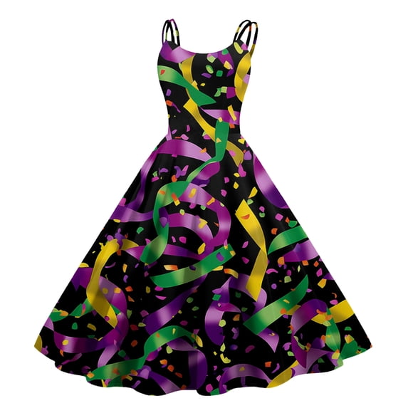 Fgvctg Mardi Gras Dresses Cocktail for Women Carnival Crewneck Cocktail Dresses Glitter Mask Print Trendy 1950s Tea Dress Parade Party Sleeveless Vintage Outfits Dark Purple L