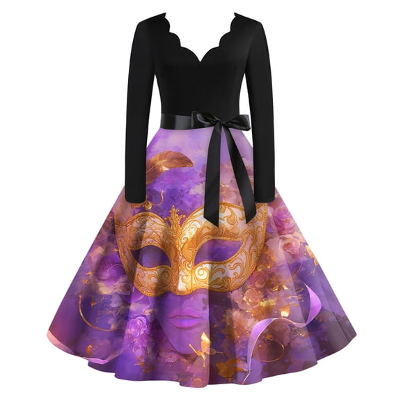 Fgvctg Mardi Gras Dresses Cocktail for Women Carnival V Neck Cocktail Dresses Glitter Mask Print Casual 1950s Dresses Flowy Long Sleeve Plus Size Parade Party Clothes Hot Pink XL