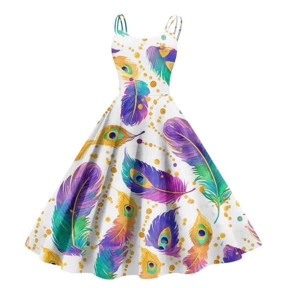 Fgvctg Mardi Gras Dresses for Women 2025 Carnival Crewneck Cocktail Dresses Glitter Mask Print Pretty 1950s Tea Dress Vintage Sleeveless Oversized Parade Party Clothing White M