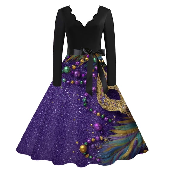 Fgvctg Mardi Gras Dresses for Women 2025 Glitter Mask Print Cocktail Dresses Lightweight V Neck 50s Tea Dress Long Sleeve Parade Party Carnival Flowy Clothes Purple Pink L
