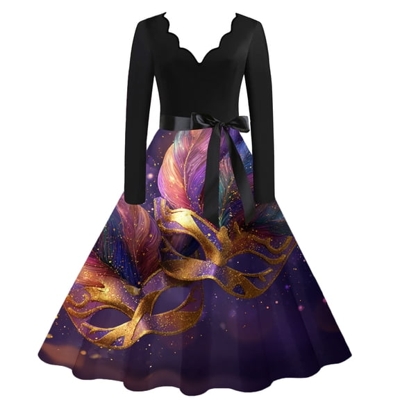 Fgvctg Mardi Gras Dresses for Women 2025 Glitter Mask Print Cocktail Dresses Plus Size V Neck 1950s Dresses Long Sleeve Parade Party Carnival Vintage Outfits Light Purple XL
