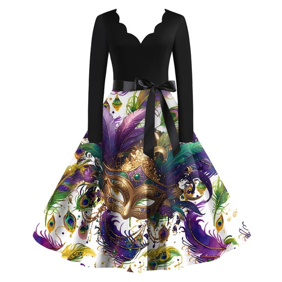 Fgvctg Mardi Gras Dresses for Women 2025 Retro Cocktail Dress 1950s Glitter Mask Print V Neck Dress Plus Size Flowy Carnival Parade Party Long Sleeve Clothes Fashion Outfits Dark Purple S