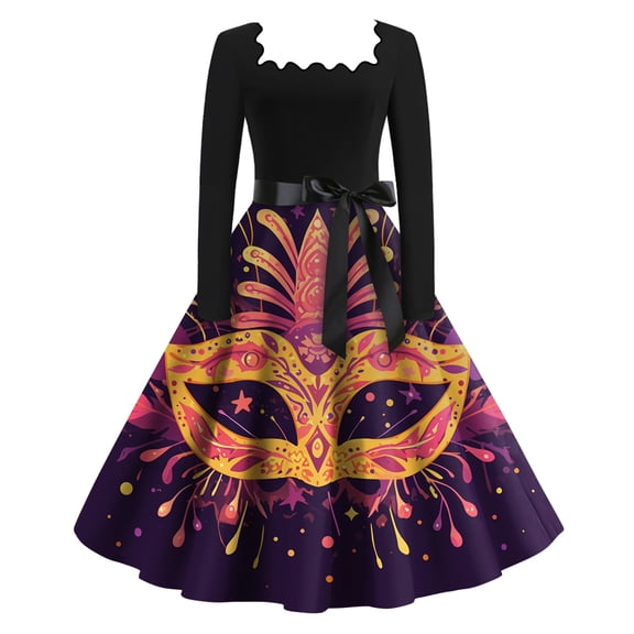 Fgvctg Mardi Gras Dresses for Women Carnival Square Neck Cocktail Dresses Glitter Mask Print Soft 1950s Dresses Parade Party Long Sleeve Vintage Outfits Purple 2XL