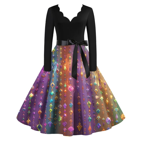 Fgvctg Mardi Gras Dresses for Women Carnival V Neck Cocktail Dress Glitter Mask Print Casual 1950s Tea Dress Flowy Long Sleeve A-Line Parade Party Clothing Wine 2XL