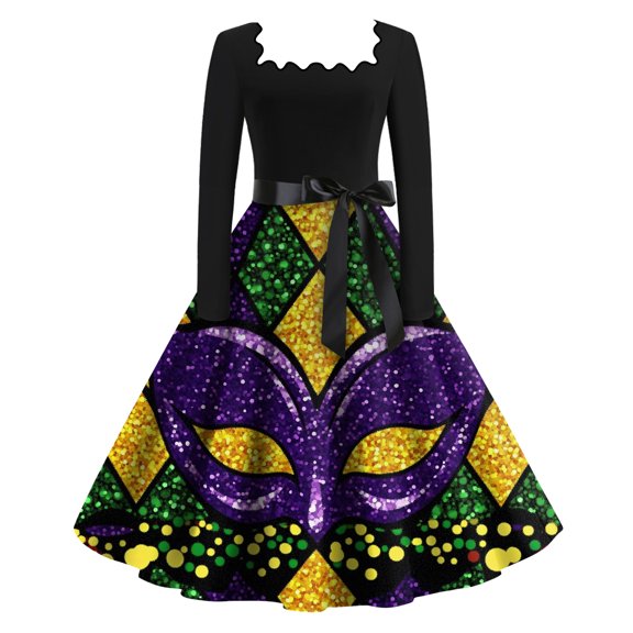 Fgvctg Mardi Gras Dresses for Women Funny Long Sleeve Cocktail Dress Plus Size Retro 50s Tea Dress Carnival Parade Party Glitter Mask Print Outfit Vintage Square Neck Clothing Gray S